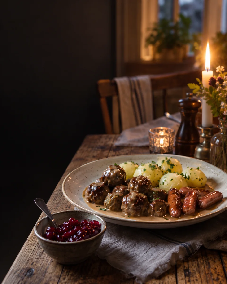 Köttbullar och prinskorv med gräddsås och lingonsylt på ett fat