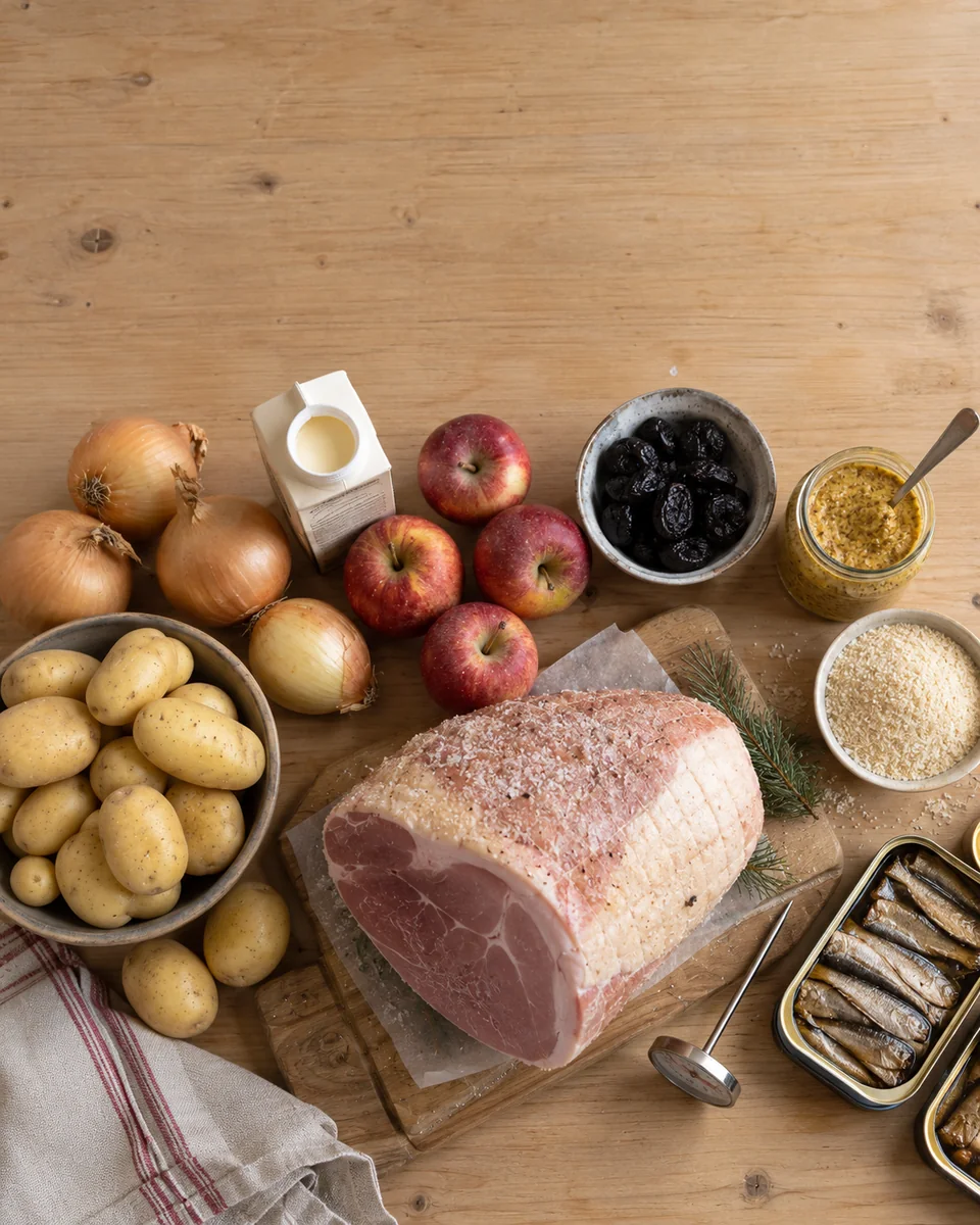 Ingredienser till julbordet lagda i en båge: julskinka, potatis, lök, grädde, äpplen, katrinplommon, senap och ströbröd