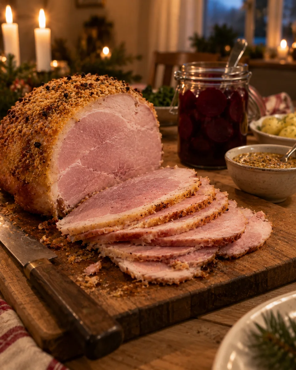 Julskinka i tunna skivor på en skärbräda med kniv och en skål senap