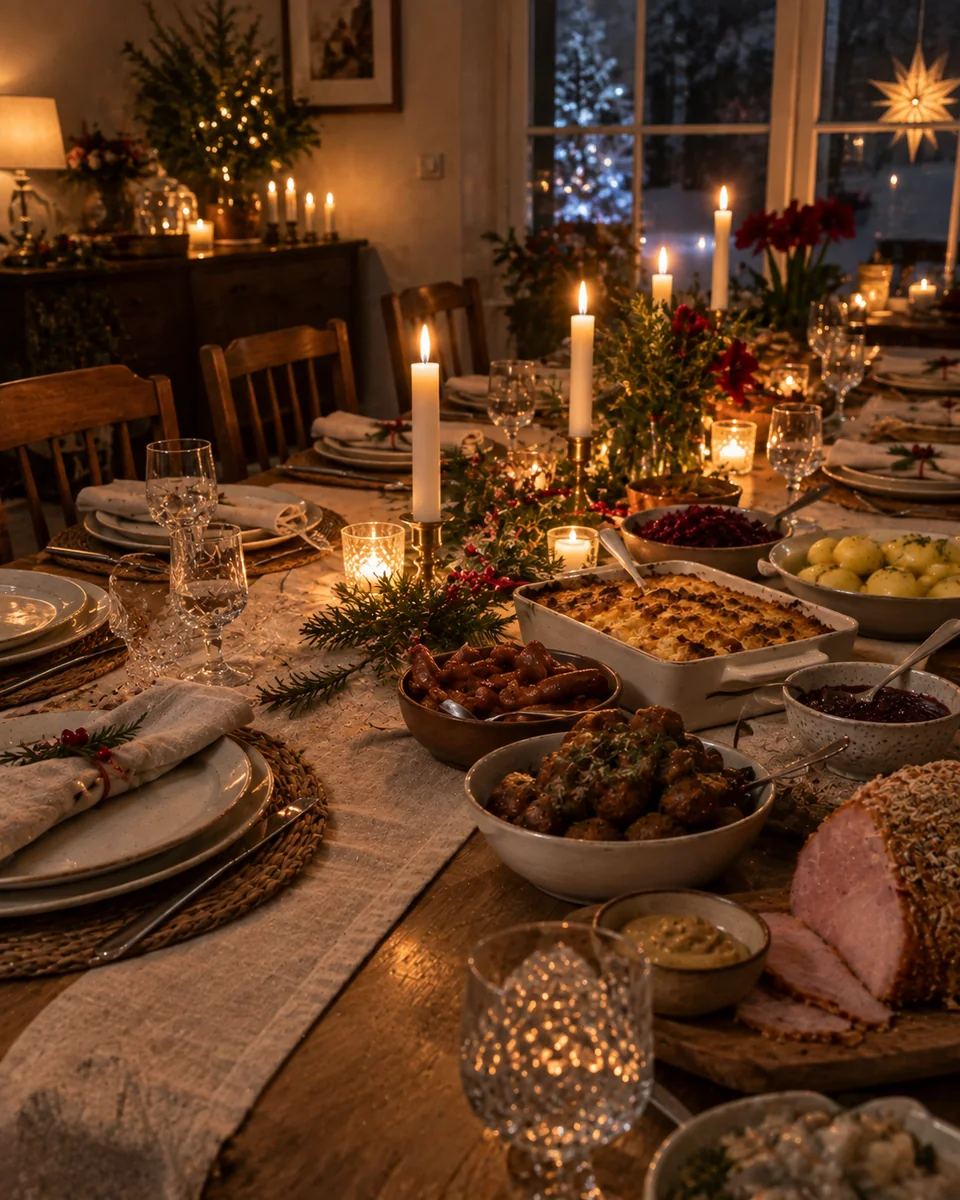 Uppdukat julbord med tända ljus en mörk decemberkväll