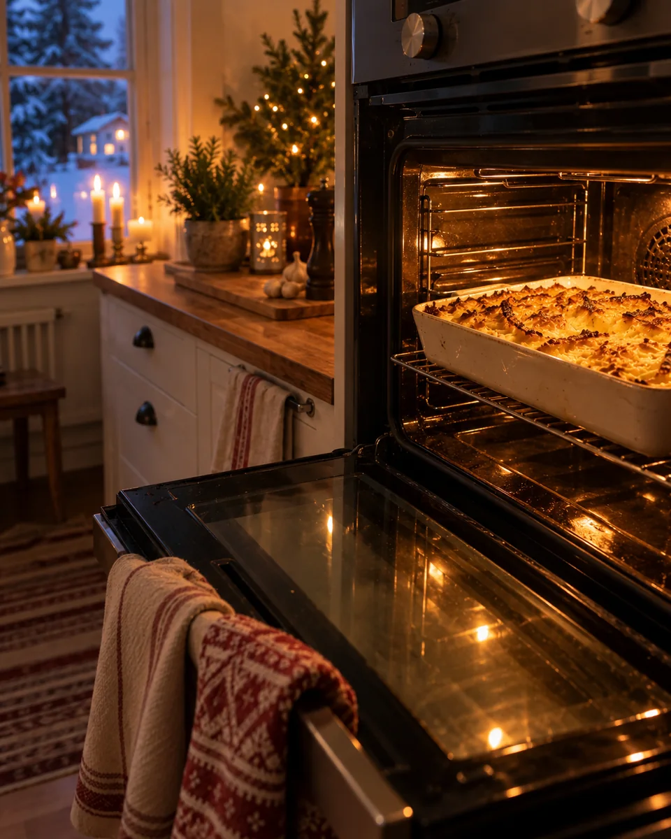 Öppen ugnsdörr med Janssons frestelse i ugnen, ett fönster med snö i bakgrunden